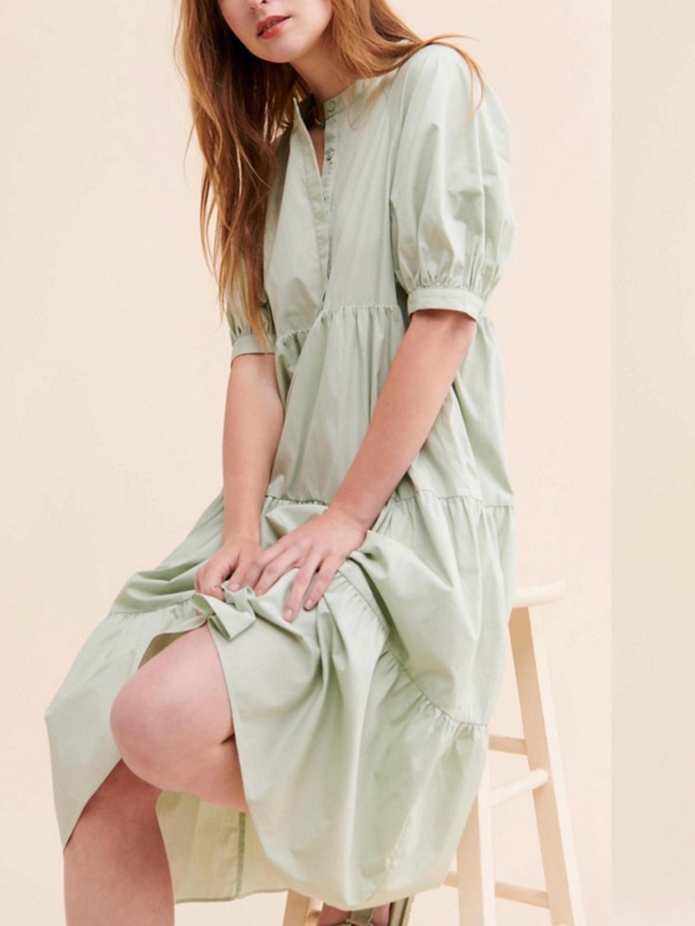 English Factory Light Green Tiered Poplin Midi Dress